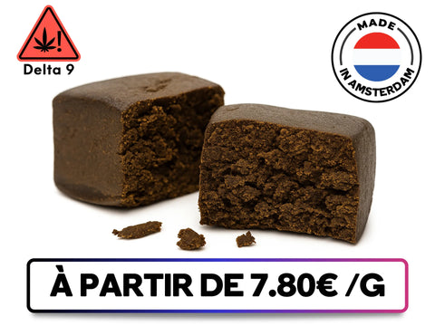 Deep Hash D9 – hash old school enrichi au Delta 9 THC, texture grumeleuse, goût terreux et effet relaxant puissant, Made in Amsterdam