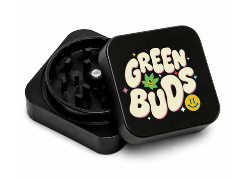 Grinder Greenbuds® en aluminium noir ouvert avec logo coloré, grinder weed pour fleurs de CBD, cannabis et herbes.