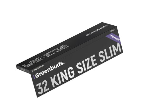 Paquet ouvert de feuilles à rouler Greenbuds® King Size Slim 110 × 44 mm en papier non blanchi avec combustion lente et gomme arabique naturelle.